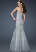 Picture of: Sequined Trumpet Gown with Tulle and Rhinestone Detail in Silver, Style: 18156, Back Picture