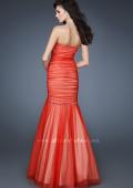 Picture of: Strapless Net Dress with Criss Cross Ruching and Stones in Orange, Style: 18282, Back Picture