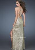 Picture of: Sequin Prom Gown with High Front Slit and Cut Outs in Gold, Style: 18373, Main Picture