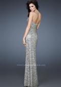 Picture of: Glam Sequined Gown with High Front Slit and Gathers in Silver, Style: 18443, Back Picture