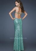 Picture of: Sequined Gown with Open Back and Rhinestone Detail in Green, Style: 18514, Back Picture