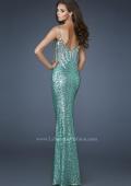 Picture of: Fitted Sequined Gown with Cascading Rhinestone Pattern in Green, Style: 18522, Back Picture