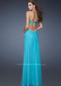 Picture of: Strapless Chiffon Dress with Cut Outs and Beaded Trim in Blue, Style: 18619, Back Picture