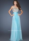 Picture of: Long Prom Gown with Embellished Bodice, Belt, and Mesh in Blue, Style: 18646, Main Picture