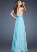 Picture of: Long Prom Gown with Embellished Bodice, Belt, and Mesh in Blue, Style: 18646, Back Picture
