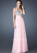Picture of: Long Prom Gown with Embellished Bodice, Belt, and Mesh in Pink, Style: 18646, Detail Picture 1