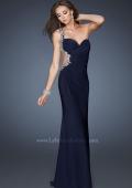 Picture of: Long One Shoulder Gown with Open Back and Beads in Blue, Style: 18783, Back Picture