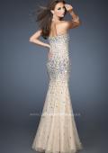 Picture of: Long Strapless Bedazzled Mermaid Gown with Corset Bodice in Nude, Style: 18873, Back Picture