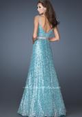 Picture of: Sequin Long Ball Gown with Beaded Belt in Blue, Style: 19136, Back Picture