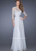 Picture of: Long Chiffon Dress with Illusion Beaded Lace Sleeves in Silver, Style: 19137, Main Picture