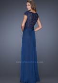 Picture of: Long Gown with Pleated Bodice and Sheer Lace Back in Blue, Style: 19143, Back Picture
