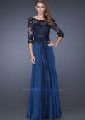 Picture of: Long A-line Dress with Lace Overlay on Bodice and Sleeves in Blue, Style: 19144, Main Picture