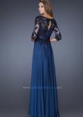 Picture of: Long A-line Dress with Lace Overlay on Bodice and Sleeves in Blue, Style: 19144, Back Picture