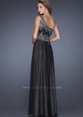 Picture of: One Shoulder Chiffon Gown with Lace Beading on Bodice in Black, Style: 19148, Back Picture