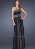 Picture of: One Shoulder Chiffon Gown with Lace Beading on Bodice in Black, Style: 19148, Detail Picture 1