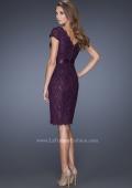 Picture of: Short Lace Dress with Satin Belt and Sequin Underlay in Purple, Style: 19167, Back Picture