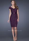 Picture of: Short Lace Dress with Satin Belt and Sequin Underlay in Purple, Style: 19167, Detail Picture 1