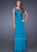 Picture of: Long Chiffon Prom Gown with Lace Embellished Neckline in Blue, Style: 19203, Main Picture