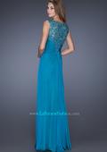 Picture of: Long Chiffon Prom Gown with Lace Embellished Neckline in Blue, Style: 19203, Back Picture