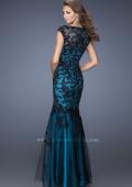 Picture of: Fitted Mermaid Prom Dress with Contrasting Lace in Blue, Style: 19264, Back Picture