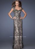 Picture of: Long Beaded Prom Gown with Nude Underlay and Cap Sleeves in Black, Style: 19274, Main Picture