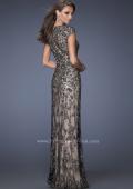 Picture of: Long Beaded Prom Gown with Nude Underlay and Cap Sleeves in Black, Style: 19274, Back Picture