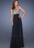 Picture of: Long Strapless Chiffon Prom Dress with Satin Bow Belt in Black, Style: 19282, Detail Picture 1