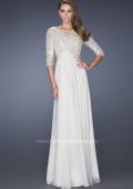 Picture of: Quarter Sleeve Illusion Prom Gown with Beaded Top in White, Style: 19318, Main Picture