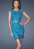 Picture of: Short Prom Dress with Sheer Mesh and Lace Details in Blue, Style: 19335, Main Picture