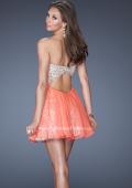 Picture of: Strapless Short Sequin Dress with Chiffon Skirt Overlay in Orange, Style: 19452, Back Picture