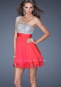Picture of: One Shoulder Short Prom Dress with Metallic Beaded Bodice in Pink, Style: 19456, Detail Picture 2