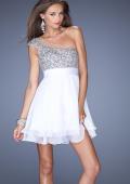 Picture of: One Shoulder Short Prom Dress with Metallic Beaded Bodice in White, Style: 19456, Detail Picture 3