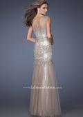 Picture of: Long Mermaid Sequin Prom Dress with Sheer Mesh Overlay in Nude, Style: 19485, Back Picture