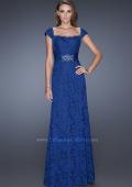Picture of: Long Lace Dress with Ruched Chiffon Belt and Cap Sleeves in Blue, Style: 19509, Main Picture