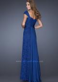 Picture of: Long Lace Dress with Ruched Chiffon Belt and Cap Sleeves in Blue, Style: 19509, Back Picture