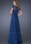 Picture of: Long Chiffon Dress with Lace Bodice and Cap Sleeves in Blue, Style: 19544, Back Picture