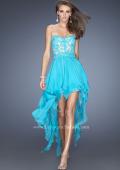 Picture of: Strapless High Low Prom Dress with Lace Overlay Bodice in Blue, Style: 19607, Main Picture