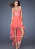 Picture of: Strapless High Low Prom Dress with Lace Overlay Bodice in Orange, Style: 19607, Detail Picture 1