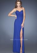 Picture of: Long Prom Dress with Ruching and Bedazzled Illusion Straps in Blue, Style: 19660, Detail Picture 1