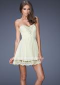 Picture of: Short Chiffon Prom Dress with Bedazzled Lace Underlay in Nude, Style: 19687, Main Picture