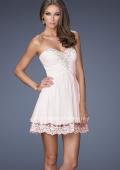 Picture of: Short Chiffon Prom Dress with Bedazzled Lace Underlay in Pink, Style: 19687, Detail Picture 1