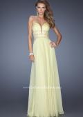 Picture of: Long Chiffon Prom Dress with Ruched Bodice and Jeweled Lace in Yellow, Style: 19724, Detail Picture 1