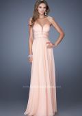 Picture of: Long Chiffon Prom Dress with Ruched Bodice and Jeweled Lace in Orange, Style: 19724, Detail Picture 3