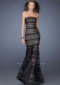 Picture of: Fitted Strapless Prom Dress with Satin Striped Overlay in Black, Style: 19728, Main Picture