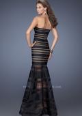 Picture of: Fitted Strapless Prom Dress with Satin Striped Overlay in Black, Style: 19728, Back Picture