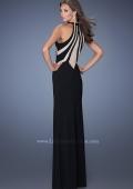 Picture of: Long Fitted Jersey Prom Gown with Bold Nude Cut Out Detail in Black, Style: 19769, Back Picture