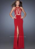 Picture of: Long Fitted Jersey Prom Gown with Bold Nude Cut Out Detail in Red, Style: 19769, Detail Picture 1
