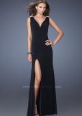 Picture of: Fitted Jersey Gown with Pearl Detail and Side Slit in Black, Style: 19814, Back Picture