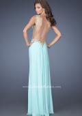 Picture of: Fitted Jersey Dress with Cut Outs, Stones, and Lace in Blue, Style: 19838, Back Picture