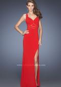 Picture of: Long Jersey Prom Gown with Mesh and a Side Leg Slit in Red, Style: 19851, Detail Picture 1